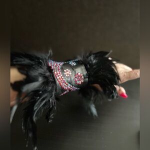 Ballroom Smooth Latin Feather & Crystal Black Wrist Cuff Bracelet